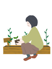 SDGsの項目11「住み続けられるまちづくりを」をわかりやすくイメージした花壇に苗を植える女性のポスター風手描きイラスト