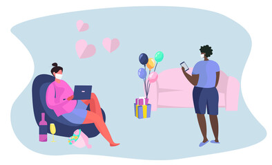 Valentine's day Celebration Online during Quarantine in Coronavirus.Couple using Laptop for Online Communication and Romantic Dating.14 February.Love  at Distance.Virtual date.Flat Vector Illustration