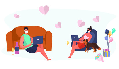 Valentine's day Celebration during Quarantine in Coronavirus. Couple Stay Home in medical Masks. 14 February. Romantic Dating.Romantic Kiss. Covid 19. Protect Yourself. Flat Vector Illustration