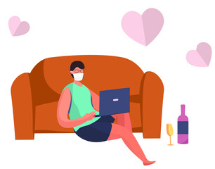 Valentine's day Celebration Online during Quarantine in Coronavirus.Couple using Laptop for Online Communication and Romantic Dating.14 February.Love  at Distance.Virtual date.Flat Vector Illustration