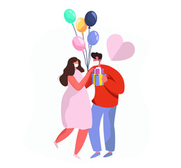 Valentine's day Celebration during Quarantine in Coronavirus. Couple Stay Home in medical Masks. 14 February. Romantic Dating.Romantic Kiss. Covid 19. Protect Yourself. Flat Vector Illustration