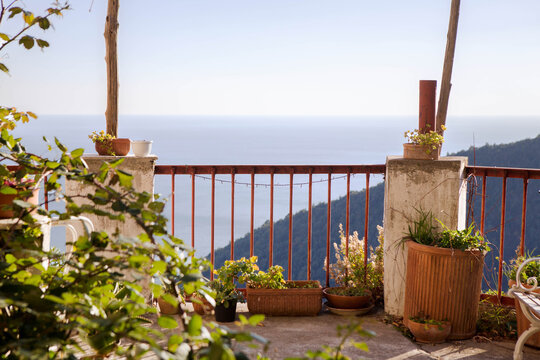 Terrace overlooking the mediterranean sea, in a quiet and sunny day in the Amalfi coast , south of Italy.