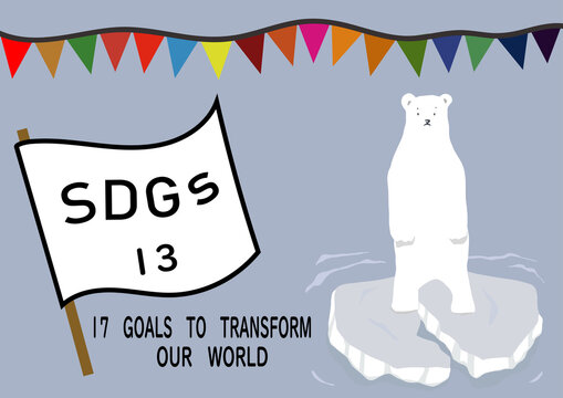SDGsの項目13「気候変動に具体的な対策を」をわかりやすくイメージした温暖化で崩れる氷の上で立ち尽くす白熊のポスター風手描きイラスト	