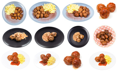 set of various dishes with meatballs on plate isolated on white background
