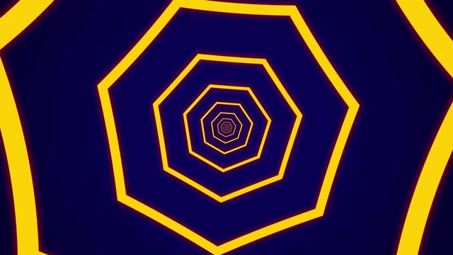 Light tunnel with yellow heptagonal elements on a dark blue background. Simple seamless motion graphic animation