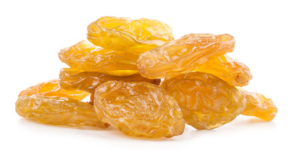 Yellow raisins isolated on white background
