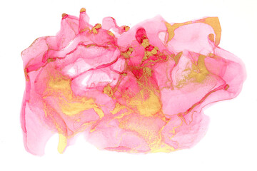 Pink watercolor figure with gold layers on white background. Abstract art illustration.