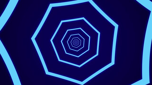 Light tunnel with light blue heptagonal elements on a dark blue background. Simple seamless motion graphic animation