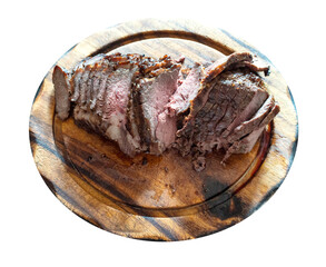 home-made sliced Roast Beef on wooden cutting board cut out on white background
