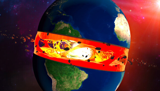 Section of the Earth, layers and core. Cutaway and horizontal section, satellite view of the American continent. Explosion and cataclysm. Debris in space. 3d render