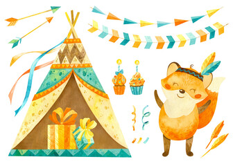 Happy baby fox with wigwam and other Native American items. Cute character. Watercolor clipart for children's birthday decoration, cake toppers, postcards.