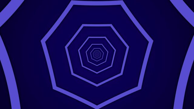 Light tunnel with violet heptagonal elements on a dark blue background. Simple seamless motion graphic animation