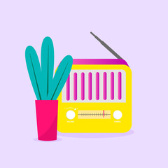 Old radio and plant with flat design style