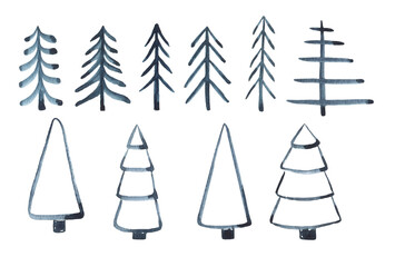 Watercolor hand drawn dark blue line winter fir trees set. Collection of scandinavian minimalist trees design elements for greeting cards, invitations, digital scrapbooking and other.