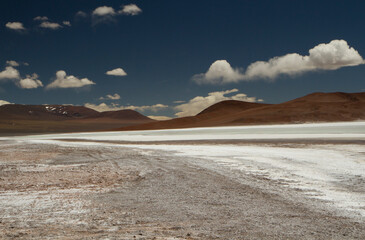 Natural salt fields in the cordillera. Panorama view of the white salt flats and brown mountains in La Rioja, Argentina.