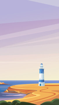 Lighthouse by the sea. Beautiful seascape in vertical orientation.