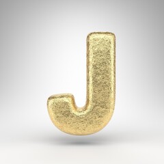 Letter J uppercase on white background. Creased golden foil 3D letter with gloss metal texture.