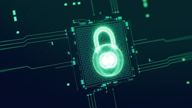 Cyber security, data protection concept. Digital microchip, computer circuit visualization with bright glowing lock icon. Futuristic technology animation. Artificial intelligence. Hi-tech 4K footage