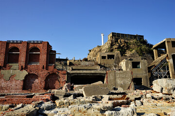 Abandoned Industrial houses and buildings of Gunkanjima or Battleship island, Ghost Island in Nagasaki, Japan - 長崎 軍艦島