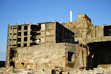 Abandoned Industrial houses and buildings of Gunkanjima or Battleship island, Ghost Island in Nagasaki, Japan - 長崎 軍艦島