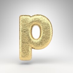 Letter P lowercase on white background. Creased golden foil 3D letter with gloss metal texture.