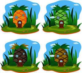 vector illustration set of pineapple fruit house with grass and cloud