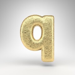 Letter Q lowercase on white background. Creased golden foil 3D letter with gloss metal texture.
