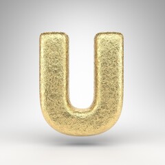 Letter U uppercase on white background. Creased golden foil 3D letter with gloss metal texture.