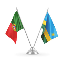 Rwanda and Portugal table flags isolated on white 3D rendering