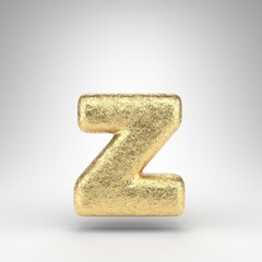 Letter Z lowercase on white background. Creased golden foil 3D letter with gloss metal texture.