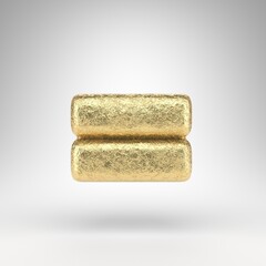 Equals symbol on white background. Creased golden foil 3D sign with gloss metal texture.
