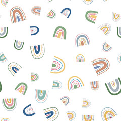 Seamless rainbow vector pattern, colourful doodle rainbows