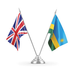 Rwanda and United Kingdom table flags isolated on white 3D rendering