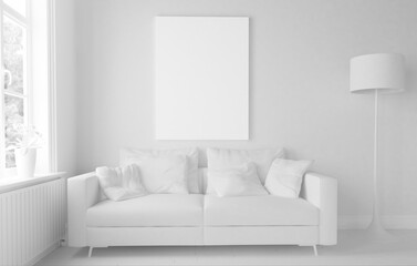 Minimal white living room with frame mock up 3d rendering