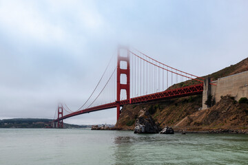 View of the Golden Gate Bridge on a foggy day, in San Francisco, California, USA