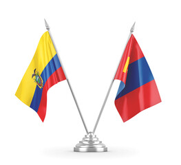 Mongolia and Ecuador table flags isolated on white 3D rendering