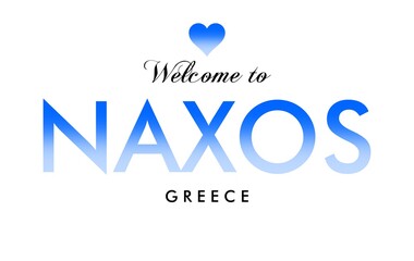 Welcome to Naxos Greece card and letter design in blue color gradient, white background.