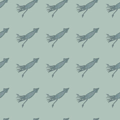 Seamless pale pattern with seafood squid creative silhouettes. Pastel blue palette ocean artwork.