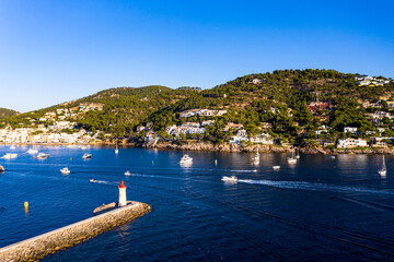 Aerial view, Andratx, Port d'Andratx, coast and natural harbor at dusk, Malloca, Balearic Islands, Spain