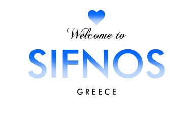 Welcome to Sifnos Greece card and letter design in blue color gradient, white background.