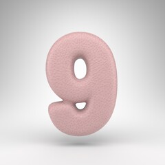 Number 9 on white background. Pink leather 3D number with skin texture.