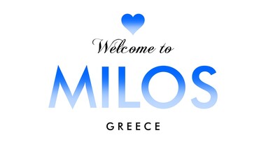 Welcome to Milos Greece card and letter design in blue color gradient, white background.