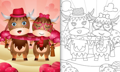 coloring book for kids with Cute valentine's day buffalo couple illustrated