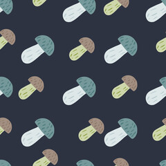 Vegetable seamless pattern with doodle mushroom elements. Navy blue background. Simple design.