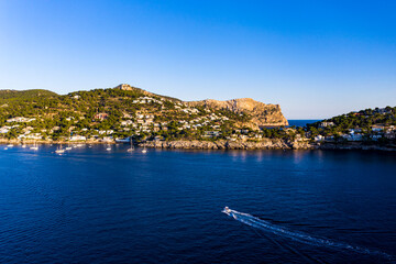 Fototapeta premium Aerial view, Andratx, Port d'Andratx, coast and natural harbor at dusk, Malloca, Balearic Islands, Spain