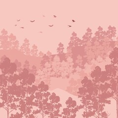 Birch forest and birds returning from the south. Background illustration in shades of pink.
