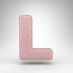 Letter L uppercase on white background. Pink leather 3D letter with skin texture.
