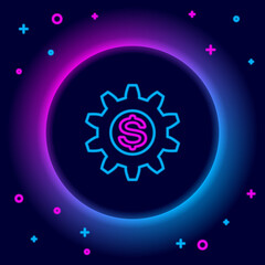Glowing neon line Gear with dollar symbol icon isolated on black background. Business and finance conceptual icon. Colorful outline concept. Vector.