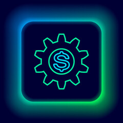 Glowing neon line Gear with dollar symbol icon isolated on black background. Business and finance conceptual icon. Colorful outline concept. Vector.