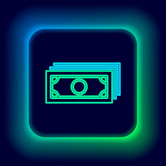 Glowing neon line Stacks paper money cash icon isolated on black background. Money banknotes stacks. Bill currency. Colorful outline concept. Vector.
